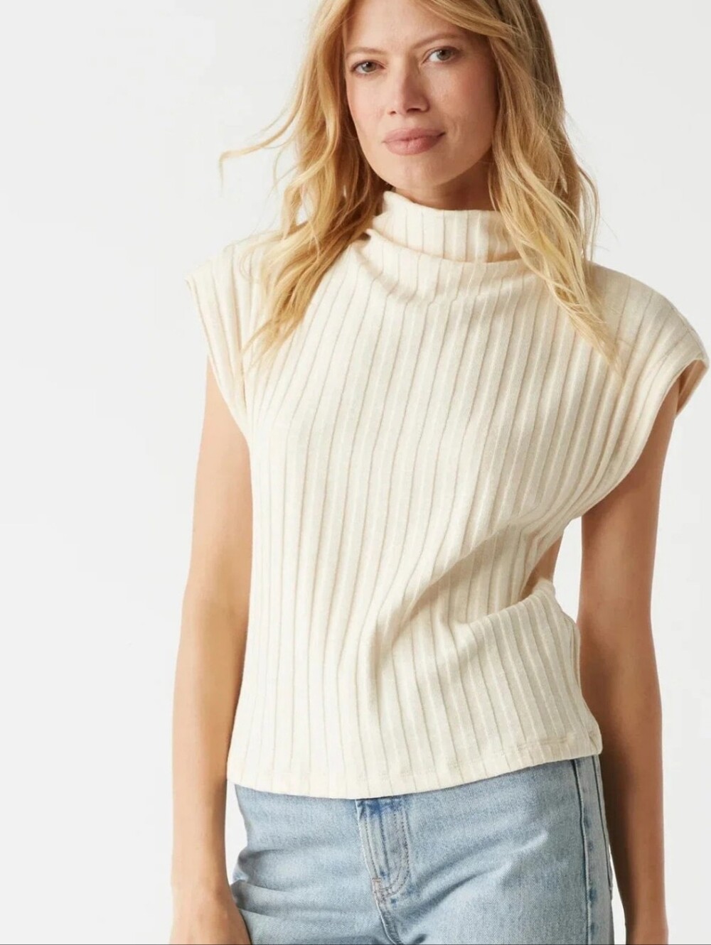 Michael Stars Cream Soft Stretch Ribbed Nara Mock Neck Top